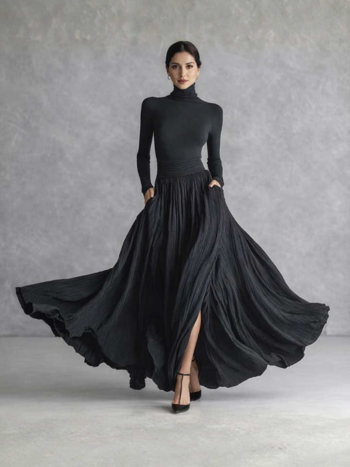 Serafina | Abito Maxi Plissettato a Collo Alto