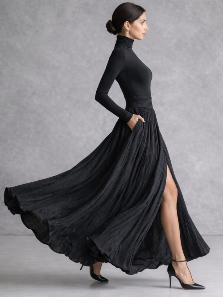 Serafina | Abito Maxi Plissettato a Collo Alto