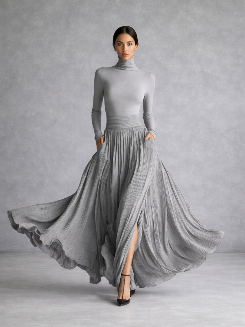 Serafina | Abito Maxi Plissettato a Collo Alto